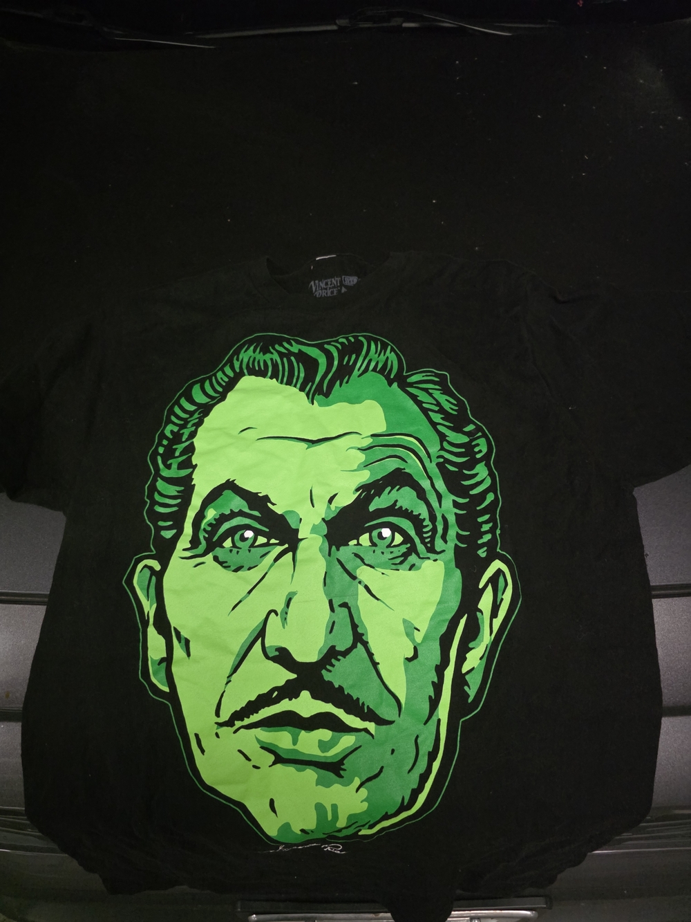 Men's Graphic T-Shirt with Neon Green Vincent Price Face On Back